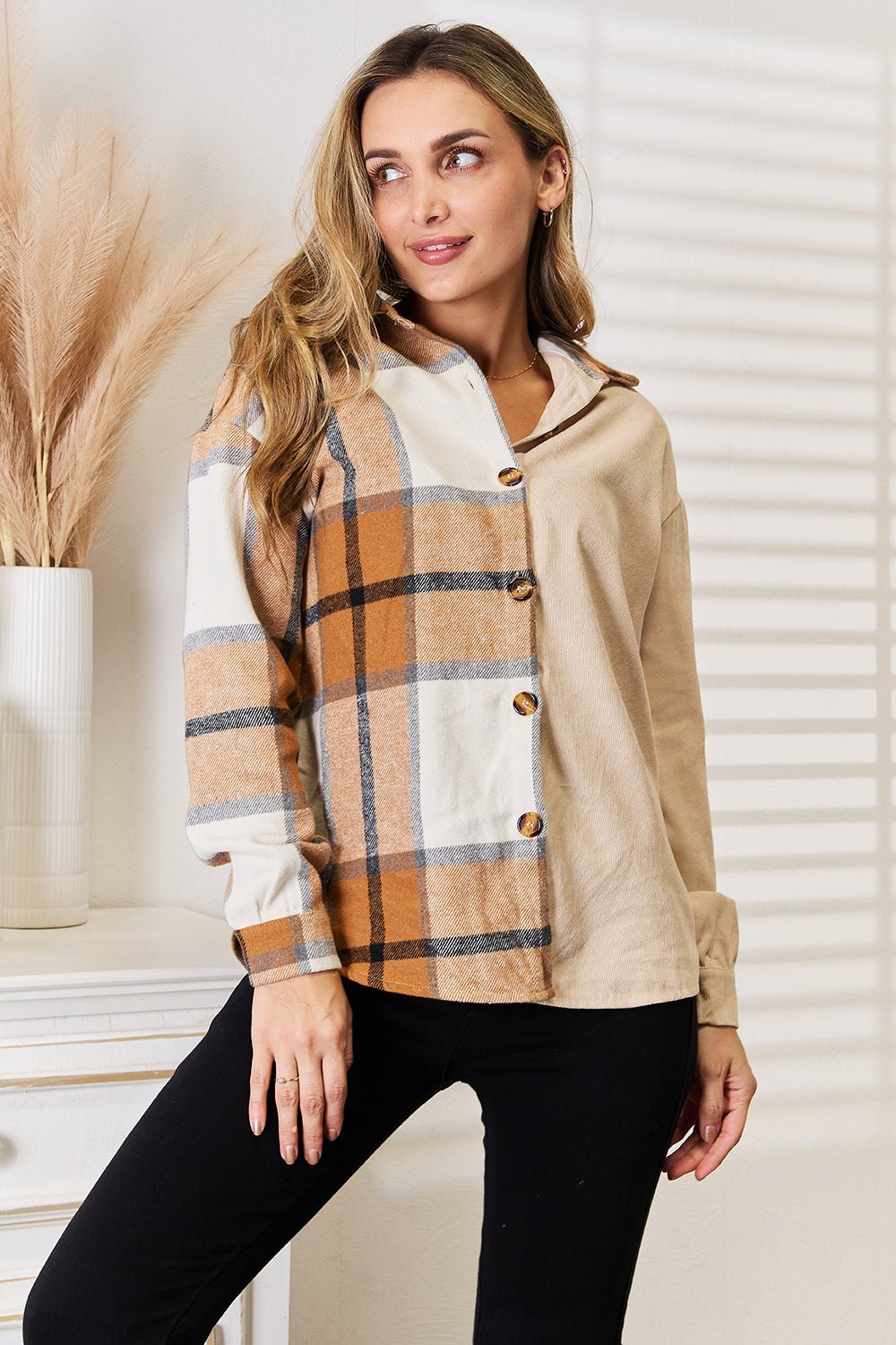 Women's casual plaid long sleeve dropped shoulder shirt by Plush Fashion Hub, featuring a relaxed fit and classic print.