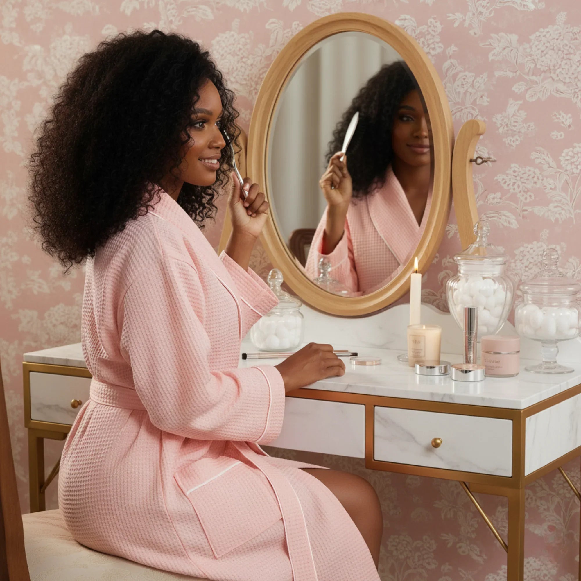 Pink women’s waffle piping bathrobe by Lotus Linen, lightweight spa-style robe with cozy, comfortable fit.