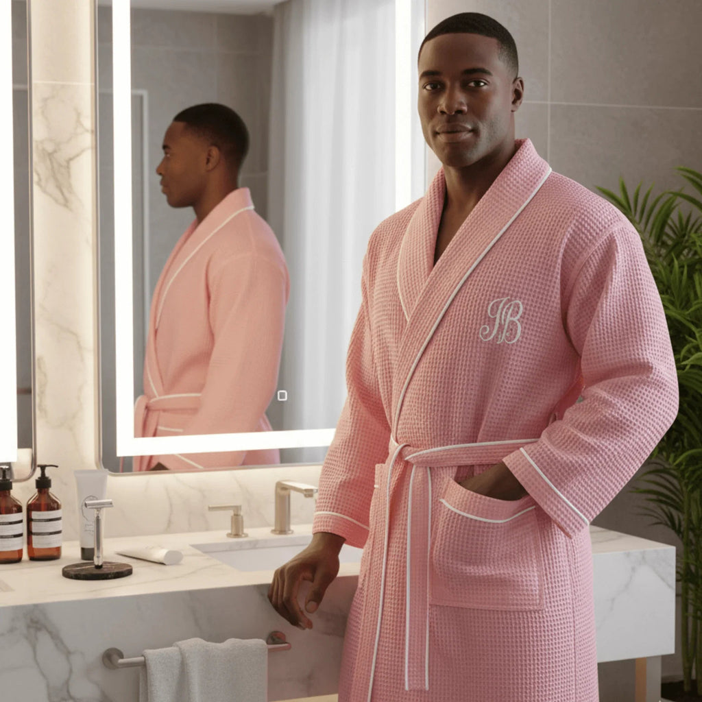 Pink waffle piping robe for men by Lotus Linen, soft and cozy men's robe with a waffle texture and piping details.