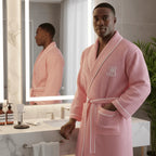 Pink waffle piping robe for men by Lotus Linen, soft and cozy men's robe with a waffle texture and piping details.
