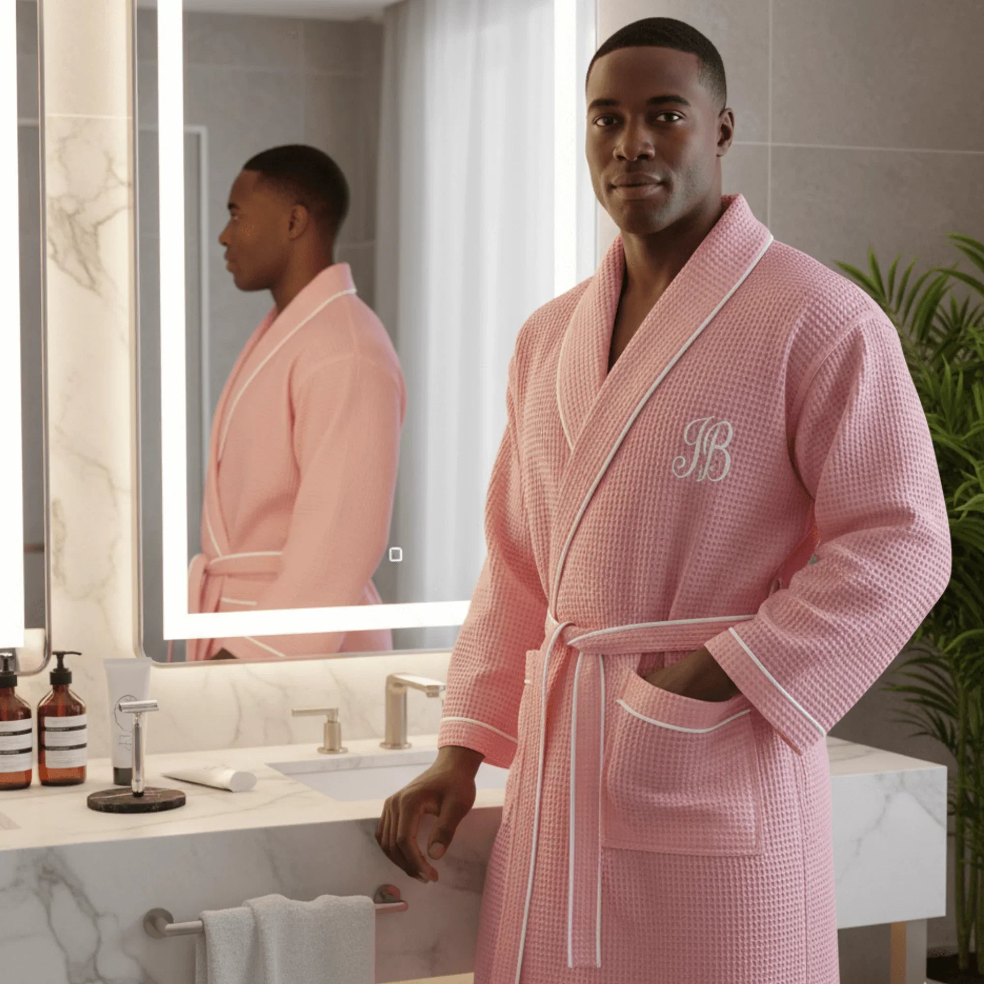 Pink waffle piping robe for men by Lotus Linen, soft and cozy men's robe with a waffle texture and piping details.