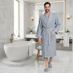 Men's premium waffle piping bathrobe by Lotus Linen, featuring soft fabric, piping details, and a comfortable fit.