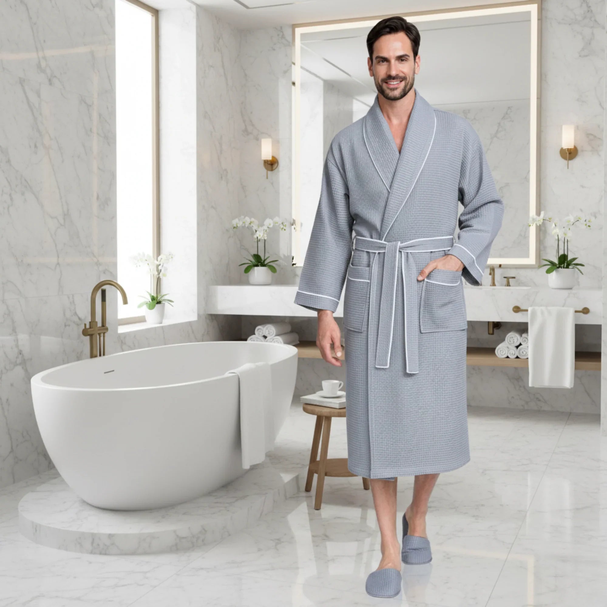 Men's premium waffle piping bathrobe by Lotus Linen, featuring soft fabric, piping details, and a comfortable fit.