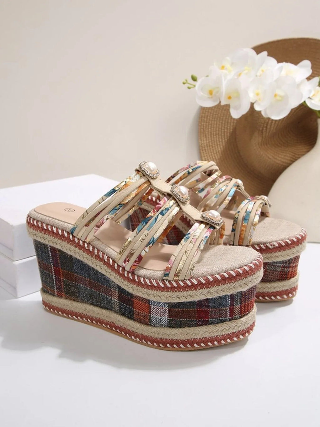 Women's plaid platform wedge sandals by Trendsi featuring casual summer footwear with a stylish plaid design and comfortable wedge heel.