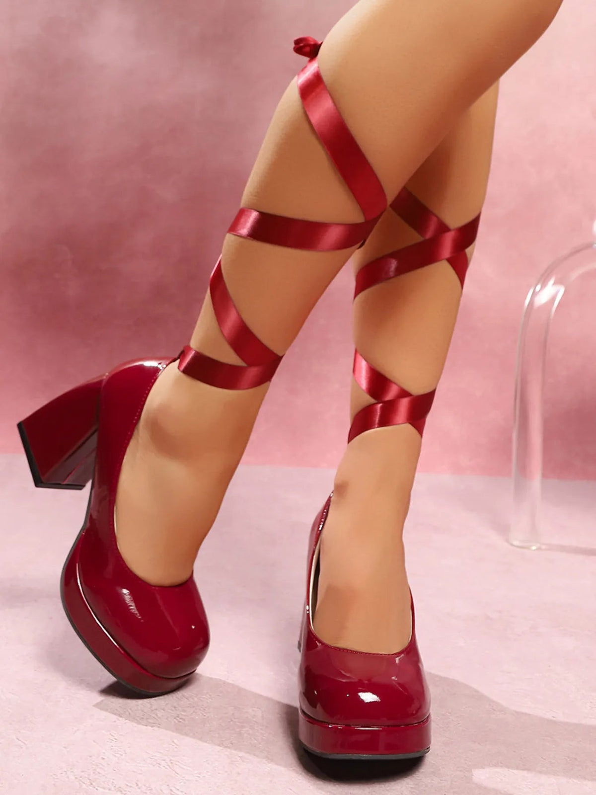Women's platform block heel pumps with adjustable ankle wrap straps by Plush Fashion Hub, showing stylish shoe design and heel detail.