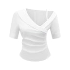 White short sleeve summer shirt with pleated design from Bella Mia, slim fit top perfect for warm-weather casual wear.