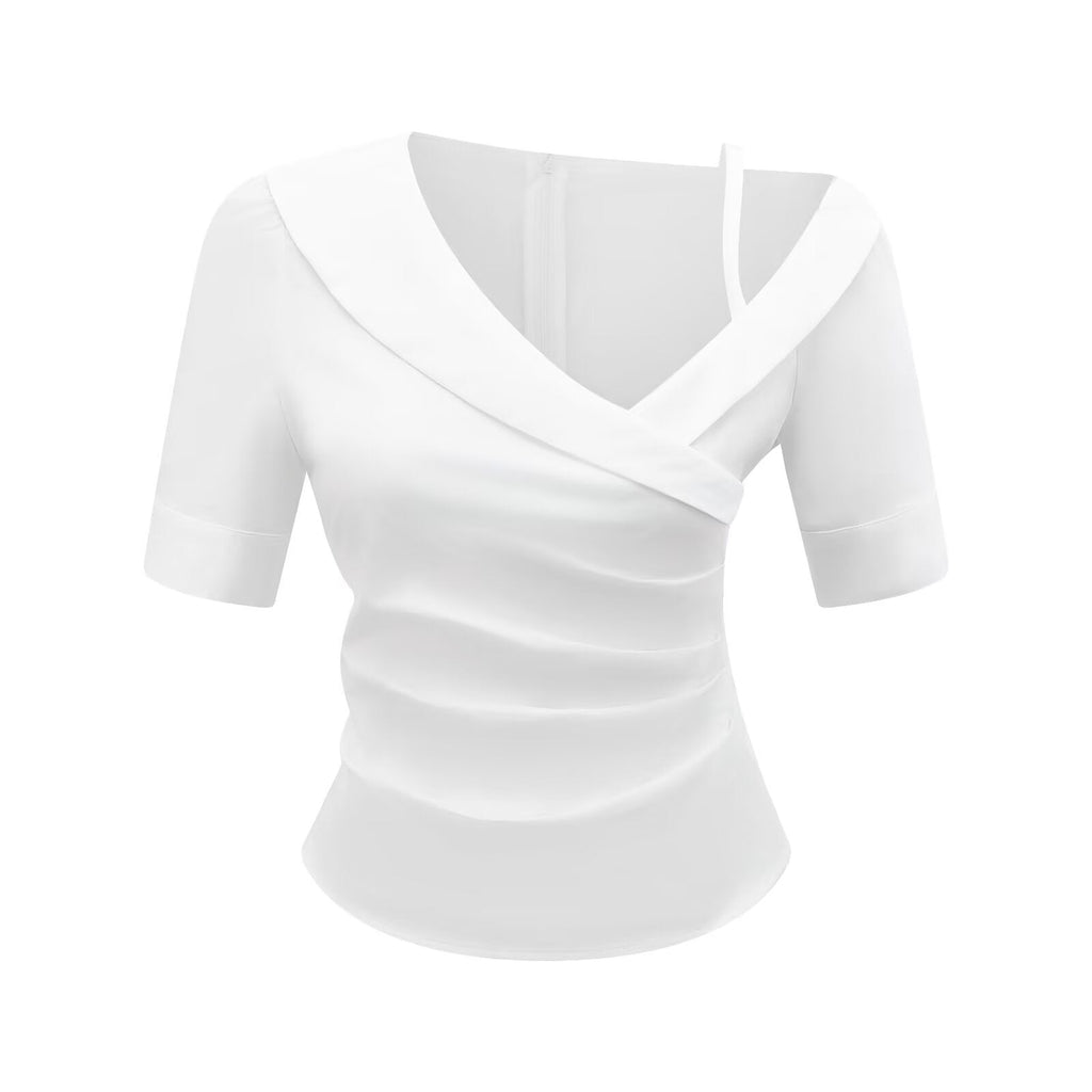 Bella Mia white short sleeve summer shirt with pleated design, slim fit top, perfect for casual and warm weather wear.
