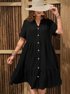 Plus-size button-front V-neck midi dress by FitiqueFit, casualwear with a relaxed fit and stylish V-neck design.