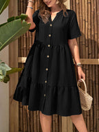Plus-size button-front V-neck midi dress by FitiqueFit, casualwear with a flattering V-neck and relaxed fit, shown on a model.