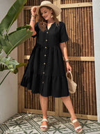Plus-size FitiqueFit button-front V-neck midi dress, casualwear with a flattering silhouette and stylish button details.