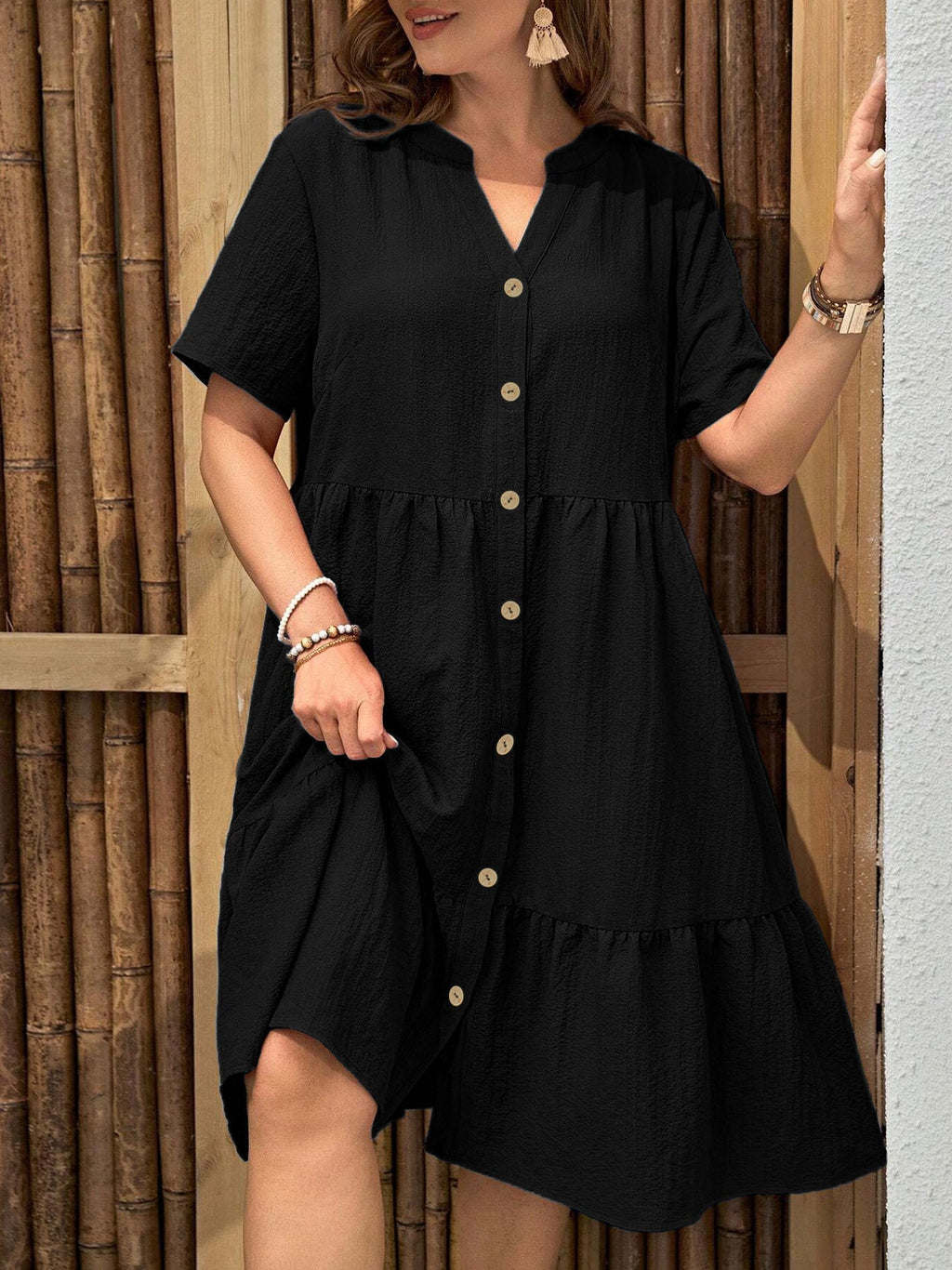 Plus-size button-front V-neck midi dress by FitiqueFit, casualwear with a relaxed fit and stylish neckline.