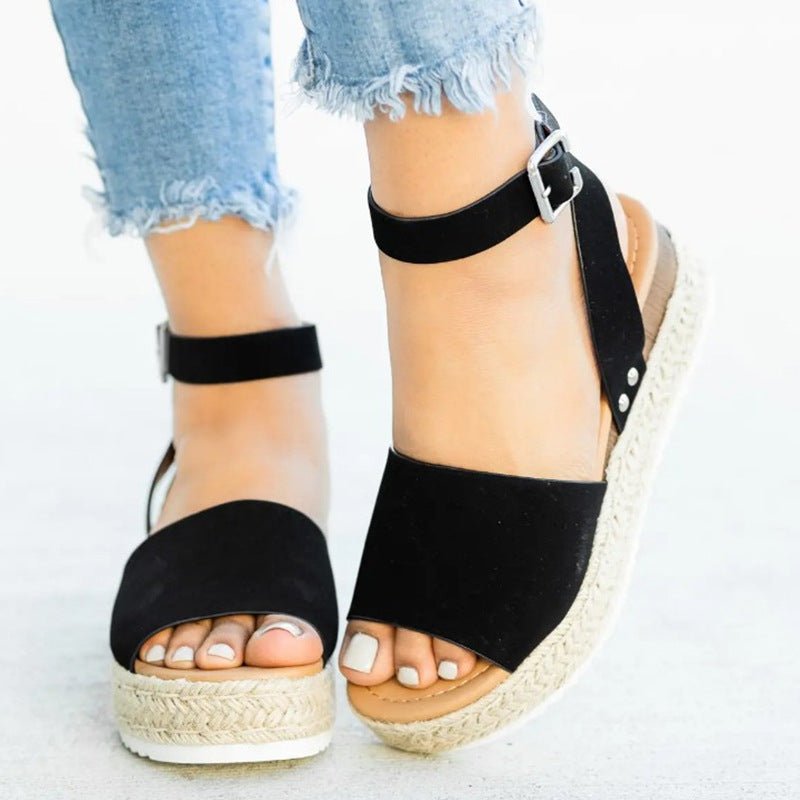 Plus size women's leopard print casual sandals with thick soles, round toes, and belt buckle detail by LadyShow.Store.