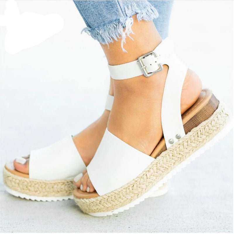 Plus size women's leopard print casual sandals with thick soles, round toes, and belt buckle detail by LadyShow.Store.