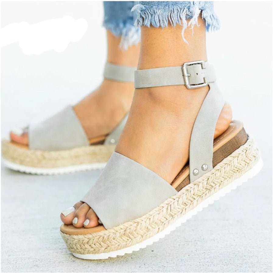 Plus size women's leopard print casual sandals with thick soles, round toe, and belt buckle from LadyShow.Store.