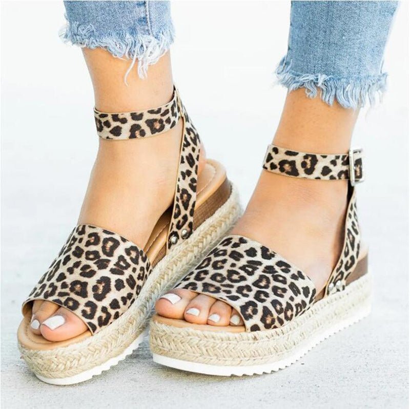 Plus size women's leopard print casual sandals with thick soles, round toe, and belt buckle from LadyShow.Store.