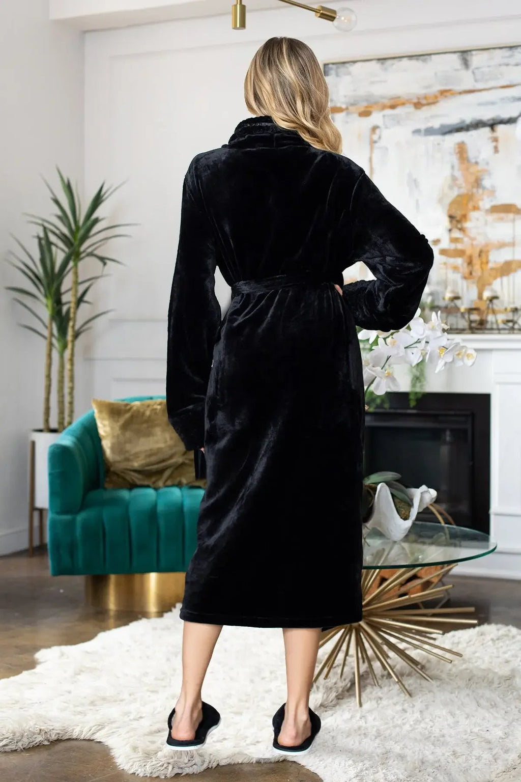 Soft plush women's bathrobe from Lotus Linen, showing cozy, ultra-soft fabric and relaxed fit for comfortable lounging.