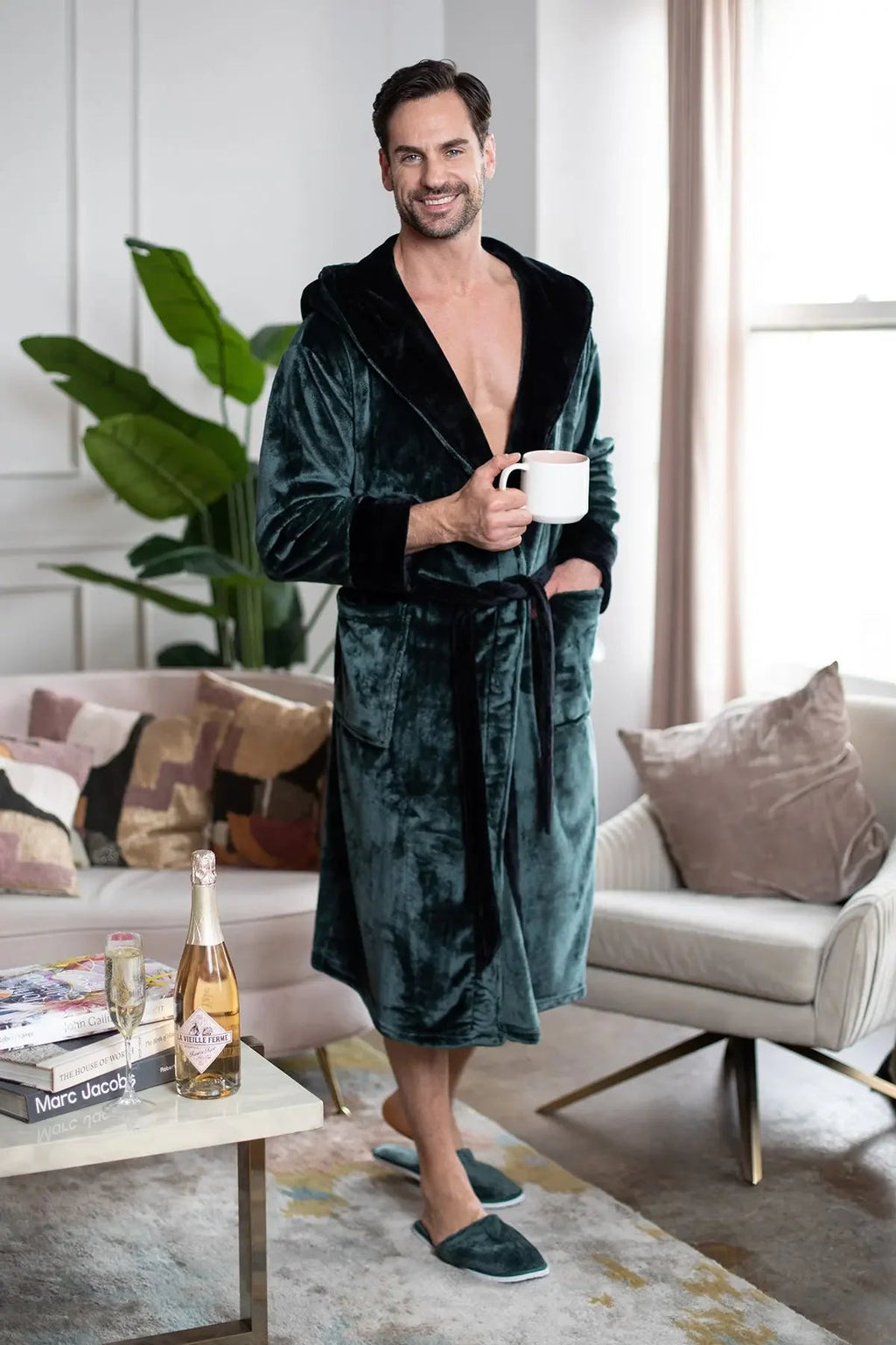Men’s plush hoodie robe by Lotus Linen, ultra-soft and cozy with a hood, perfect for comfortable everyday wear.