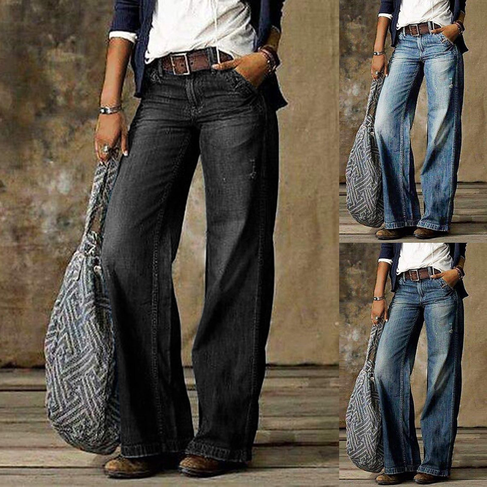 Light blue LadyShow.Store casual straight-leg jeans with front pockets, featuring a relaxed fit and classic denim style.