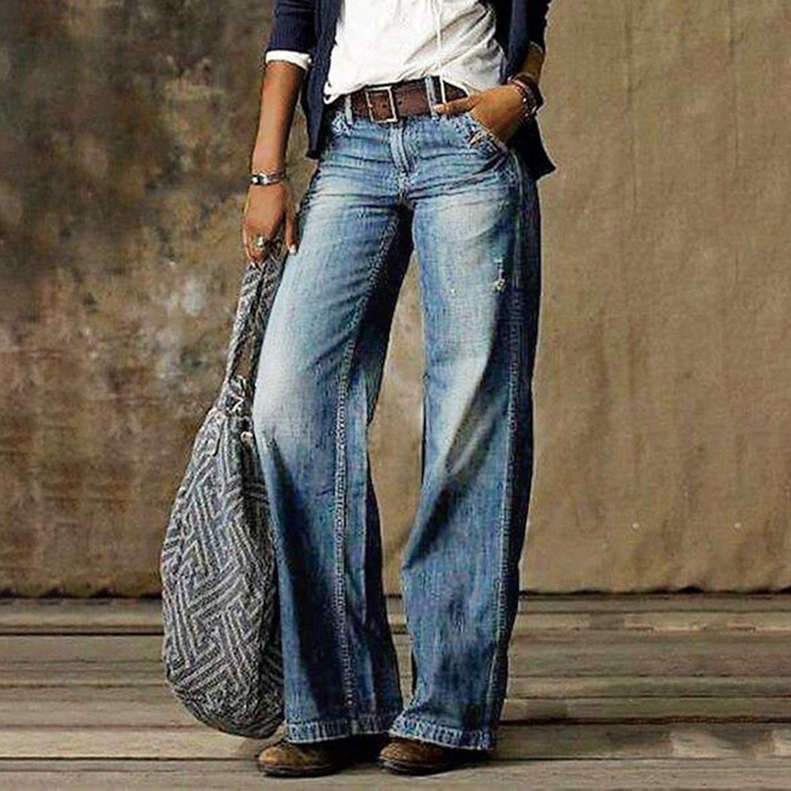 Light blue LadyShow.Store straight-leg jeans with front pockets, casual fashion style, and classic fit.