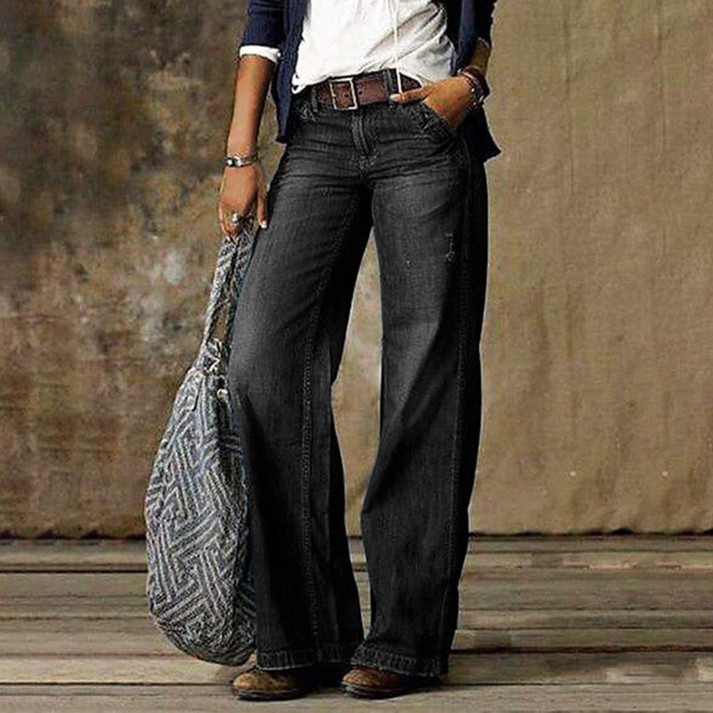 Light blue LadyShow.Store pocket casual straight-leg jeans with front and back pockets, relaxed fit, and classic denim style.