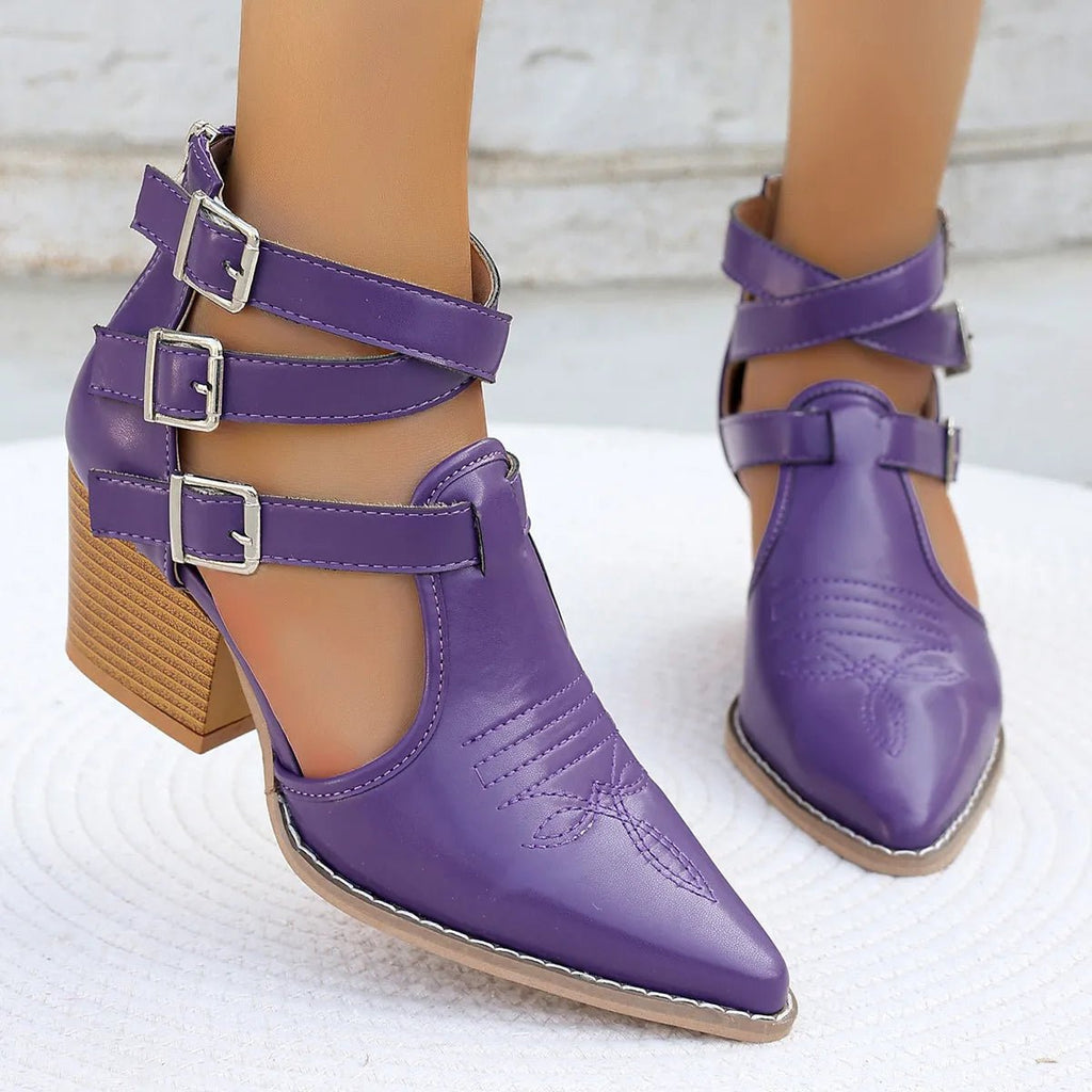 Women's pointed toe block heel sandals by Trendsi featuring a mid-height heel and stylish open-toe design.