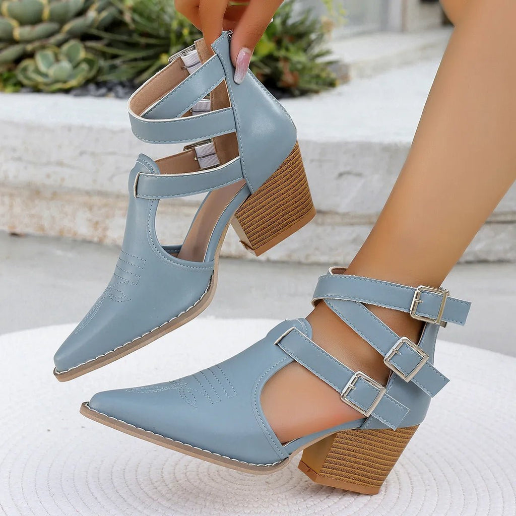 Women's pointed toe block heel sandals by Trendsi, featuring a comfortable mid-heel and stylish dress shoe design.