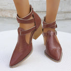 Women's pointed toe block heel sandals in neutral color, featuring comfortable mid-heel design and stylish dress shoe style.