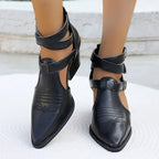 Women's pointed toe block heel sandals by Trendsi featuring a mid-heel design and open toe for stylish comfort.