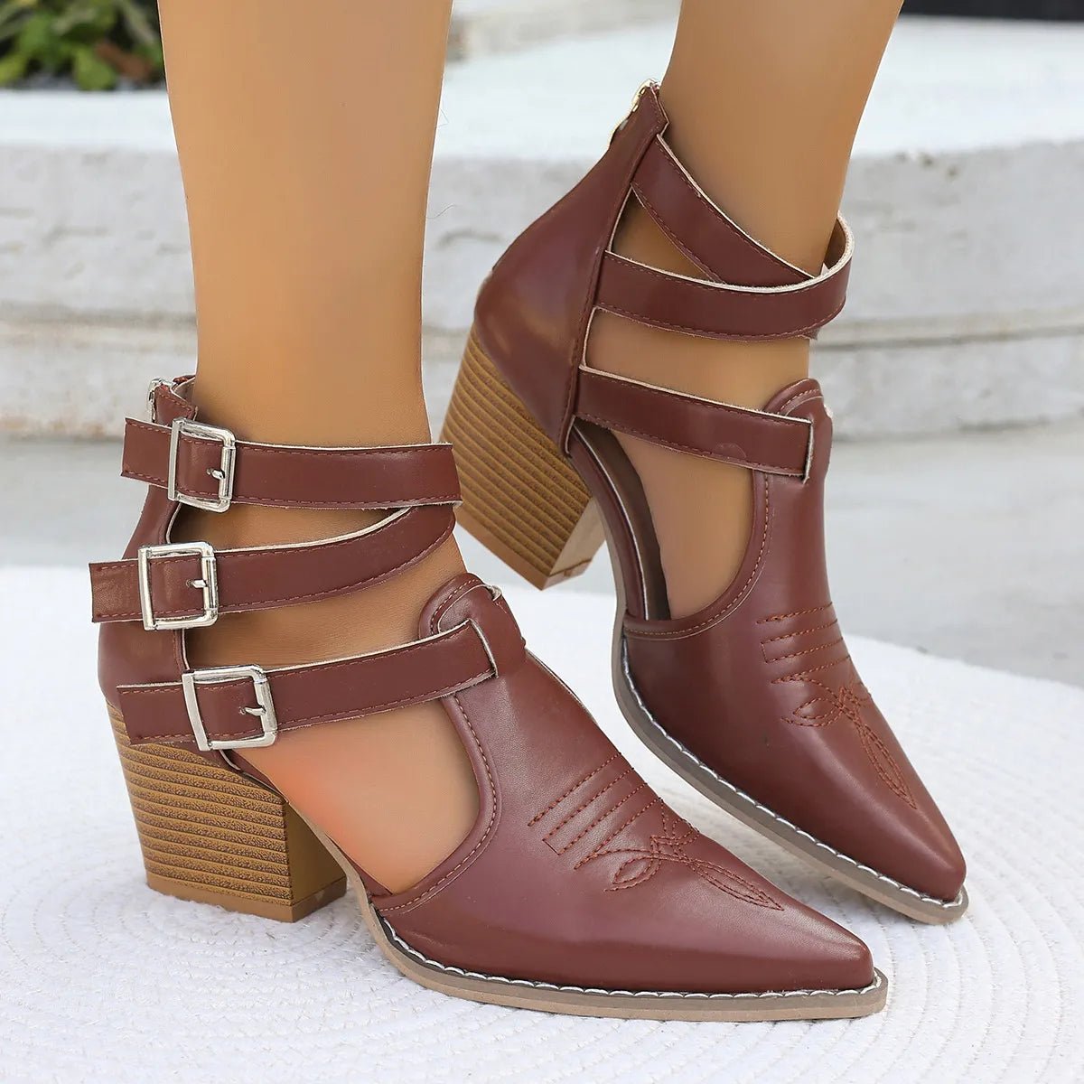Women's pointed toe block heel sandals with mid-height heel, stylish dress shoes from Trendsi, featuring comfortable design and sleek look.