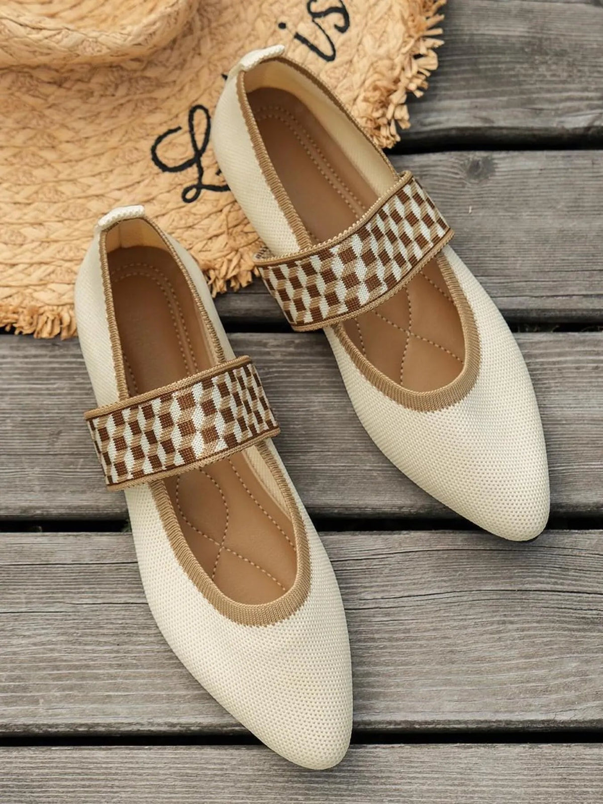 Women’s Gingham Mesh Pointed Toe Flats with Ankle Strap by Plush Fashion Hub, featuring stylish mesh fabric and elegant design.