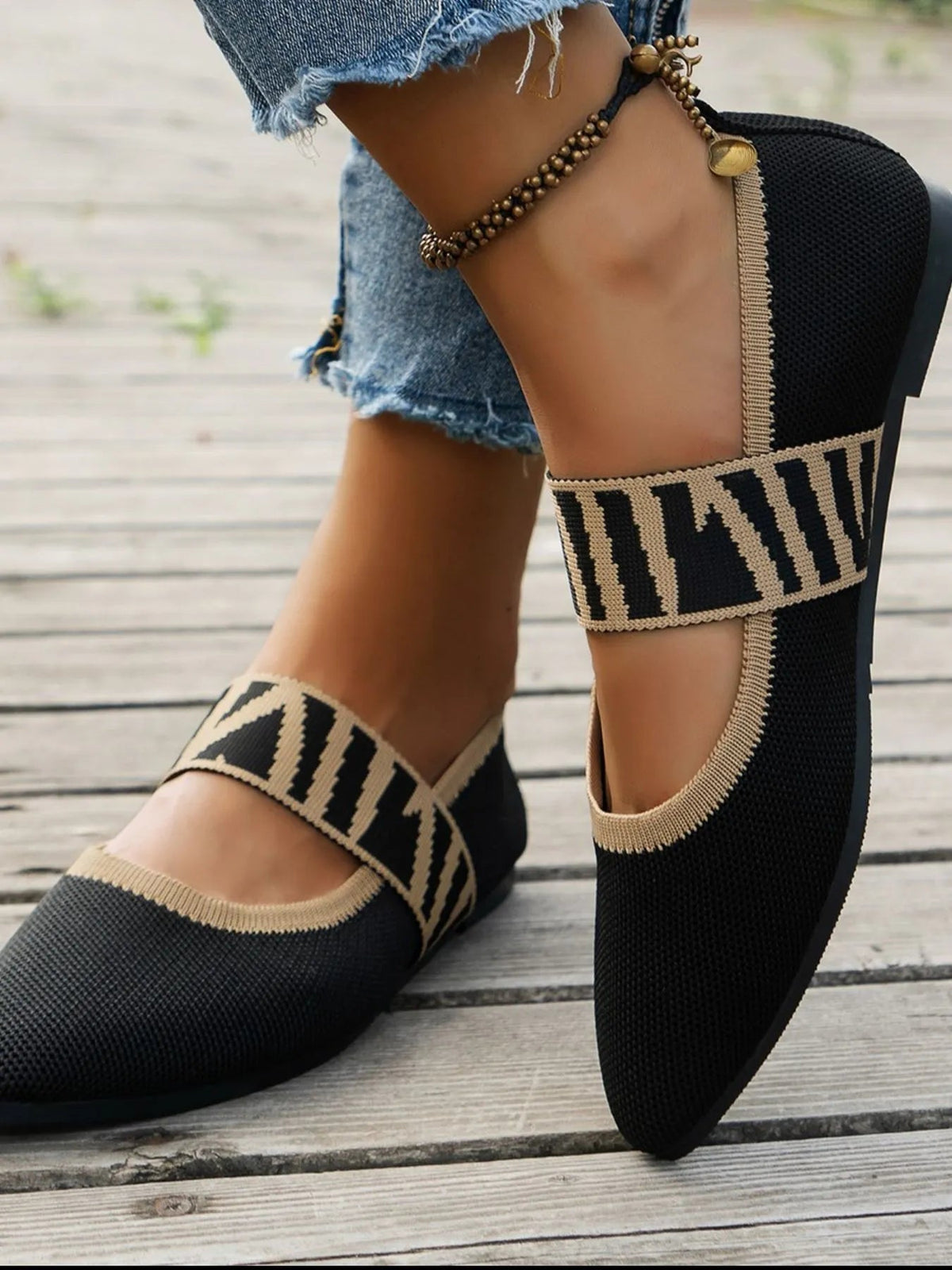 Women’s Gingham mesh pointed toe flats with ankle strap from Plush Fashion Hub, stylish slip-on shoes for casual or dressy wear.