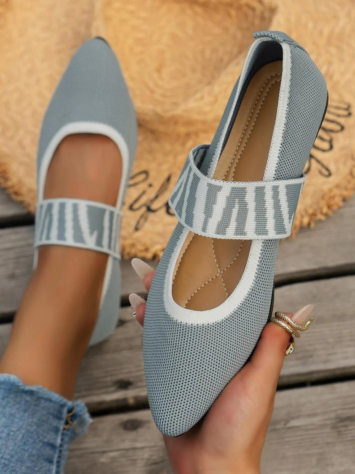 Women’s Gingham Mesh Pointed Toe Flats with Ankle Strap by Plush Fashion Hub, showcasing stylish, breathable mesh shoes with elegant design.
