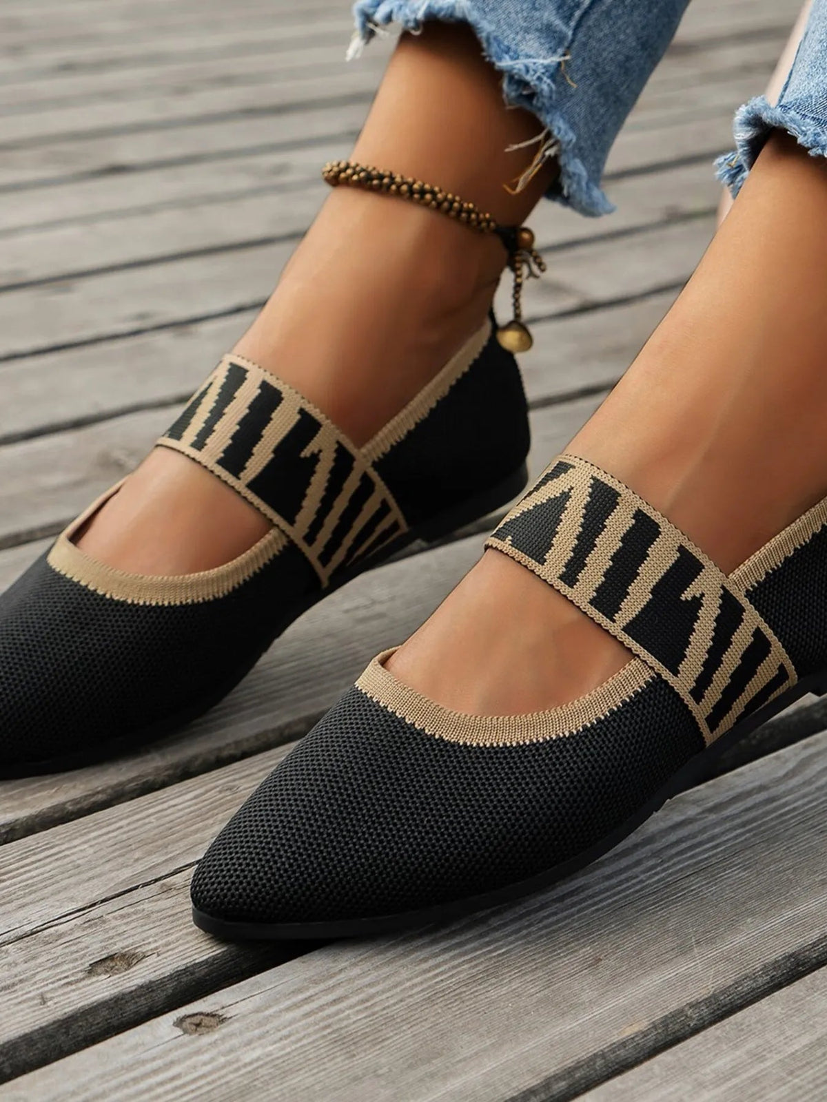Women’s Gingham Mesh Pointed Toe Flats with Ankle Strap by Plush Fashion Hub, featuring stylish mesh fabric and elegant design.