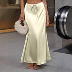 Elegant satin long skirt with lace-up detail, suitable for spring and autumn, by Bella Mia.