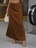 Elegant Bella Mia satin long skirt with lace-up detail, perfect for spring and autumn fashion.