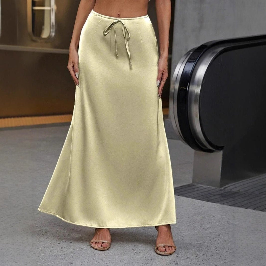 Elegant satin long skirt with lace-up detail, perfect for spring and autumn, by Bella Mia.