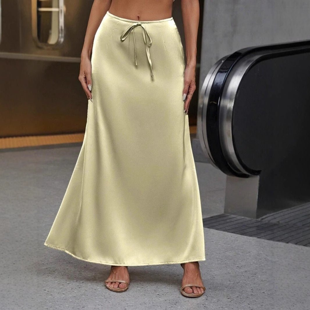 Elegant satin long skirt with lace-up detail, perfect for spring and autumn, by Bella Mia.