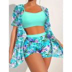 Printed high-waist slimming bikini three-piece set by FitiqueFit, featuring a stylish design and comfortable fit for casual wear.