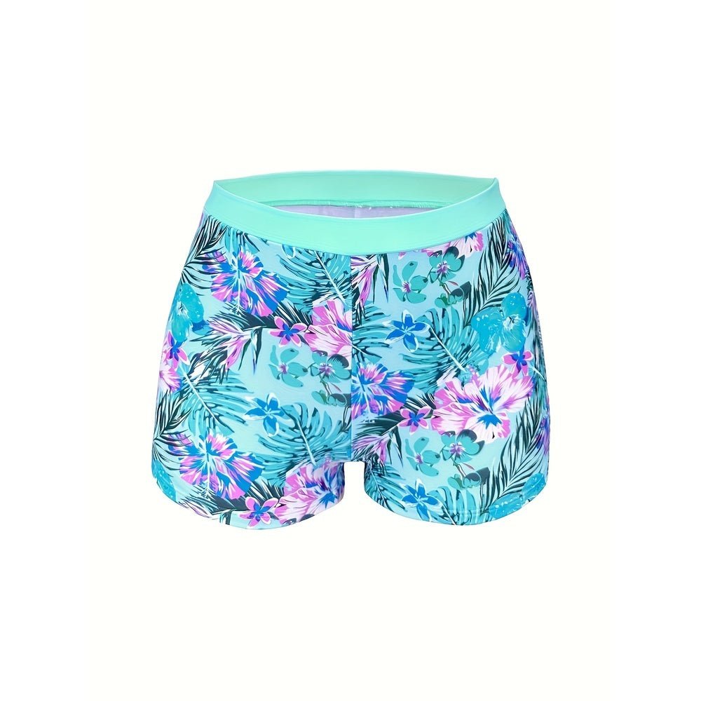 Printed high-waist slimming bikini three-piece set by FitiqueFit, featuring a stylish top, bottoms, and cover-up in vibrant patterns.