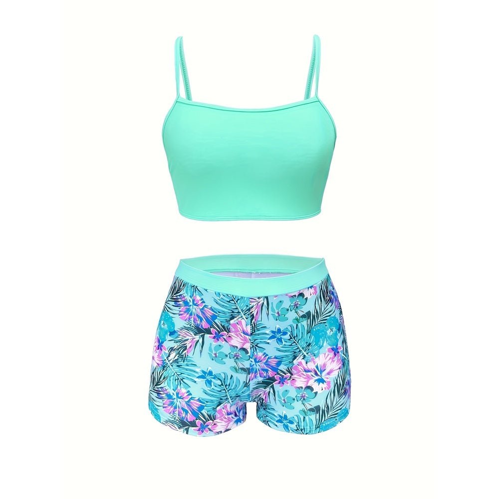 Printed high-waist slimming bikini three-piece set by FitiqueFit featuring casual swimwear with colorful patterns and supportive fit.