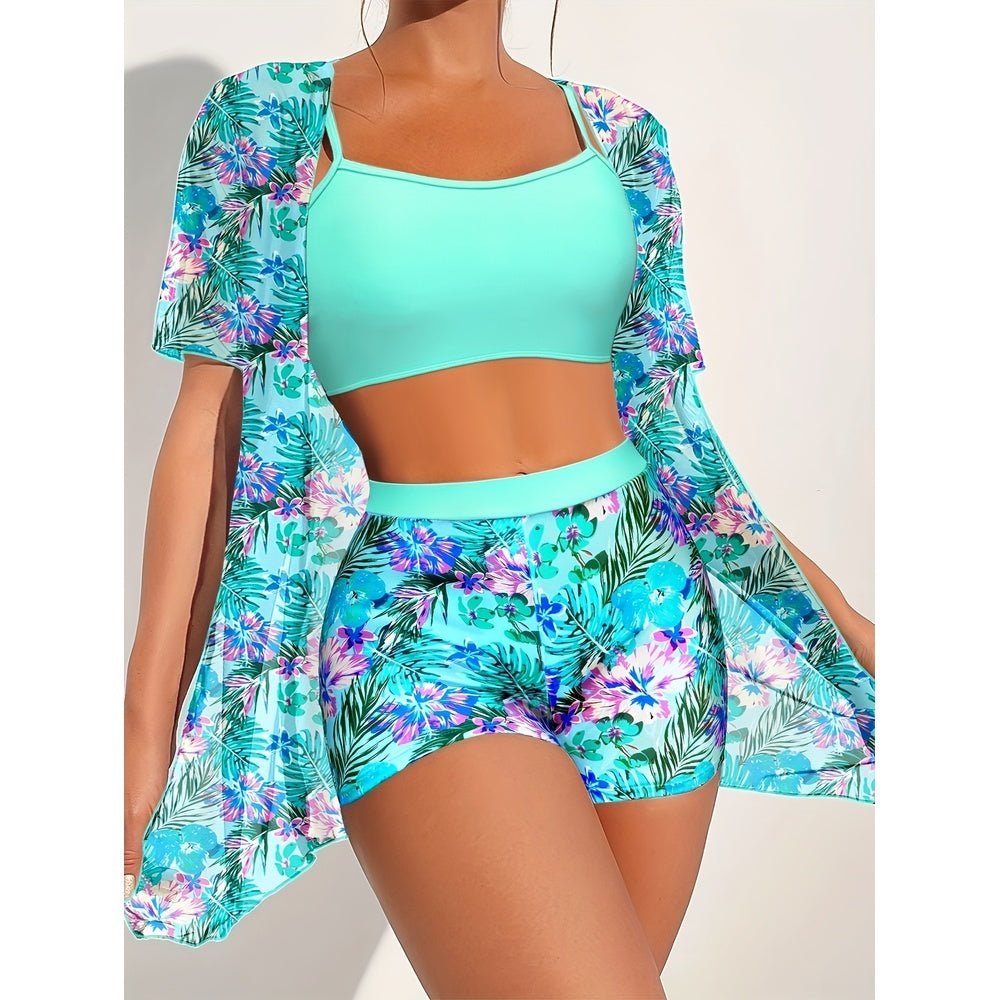 Printed high-waist slimming bikini three-piece set by FitiqueFit, featuring a comfortable casualwear design with vibrant patterns.