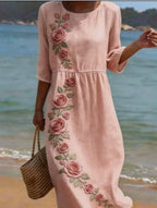Printed LadyShow.Store long-sleeved round neck dress for women, showcasing a stylish pattern and comfortable fit.