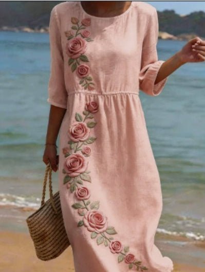 Printed LadyShow.Store long-sleeved round neck dress for women, showcasing a stylish pattern and comfortable fit.