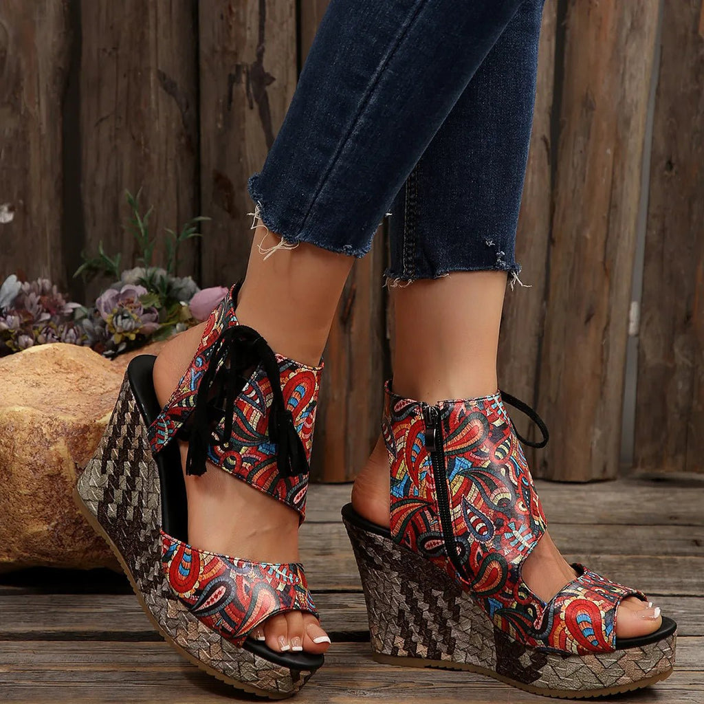 Printed wedge platform sandals by Plush Fashion Hub featuring colorful patterns and high heels for stylish summer footwear.