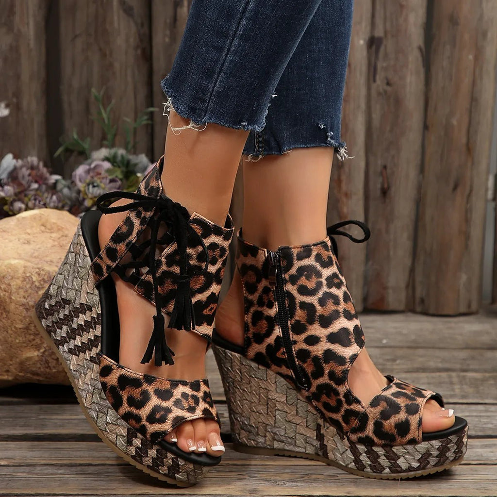 Printed wedge platform sandals by Plush Fashion Hub featuring high heels and summer-ready design with vibrant patterns.