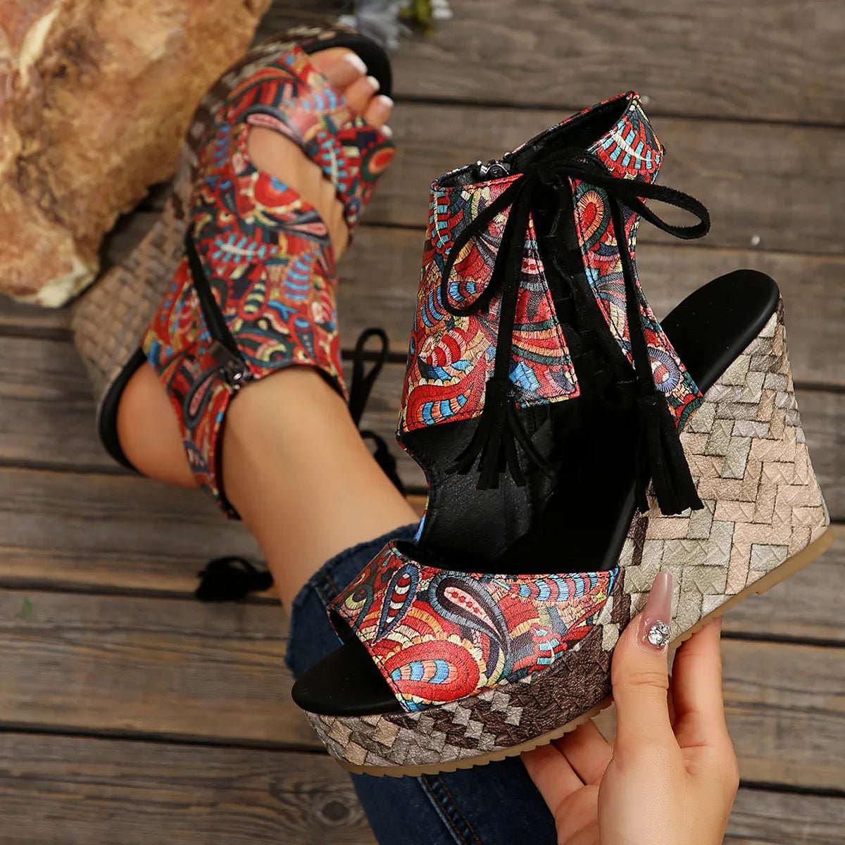 Printed wedge platform sandals by Plush Fashion Hub featuring chic high heel summer shoes with colorful printed design and ankle straps.