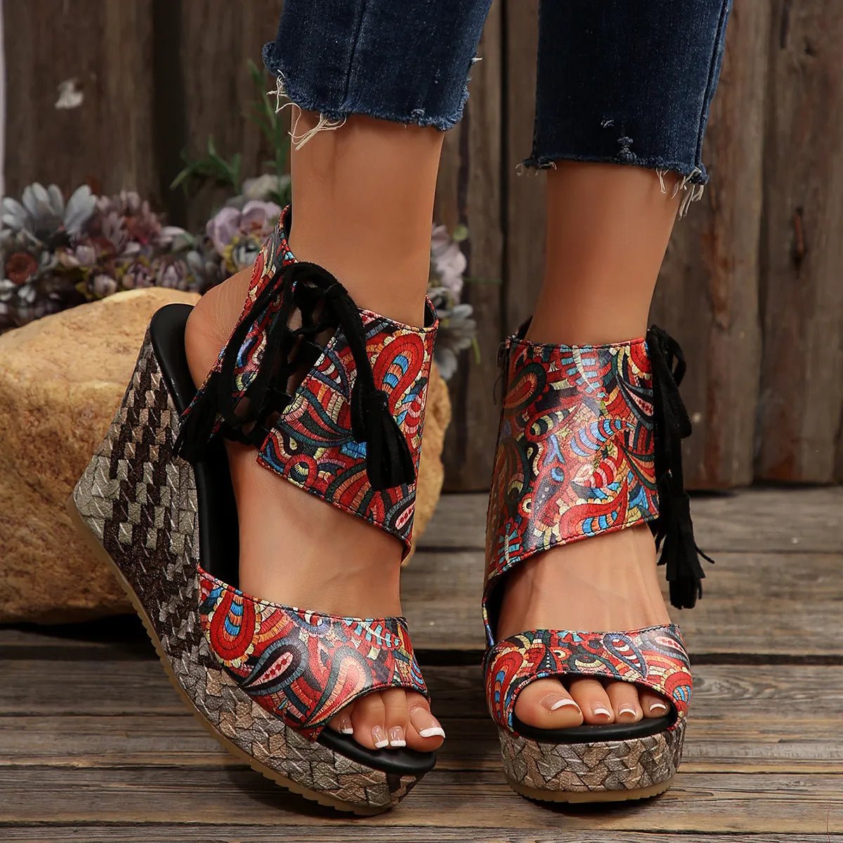 Printed wedge platform sandals with high heels by Plush Fashion Hub, perfect for chic summer footwear.