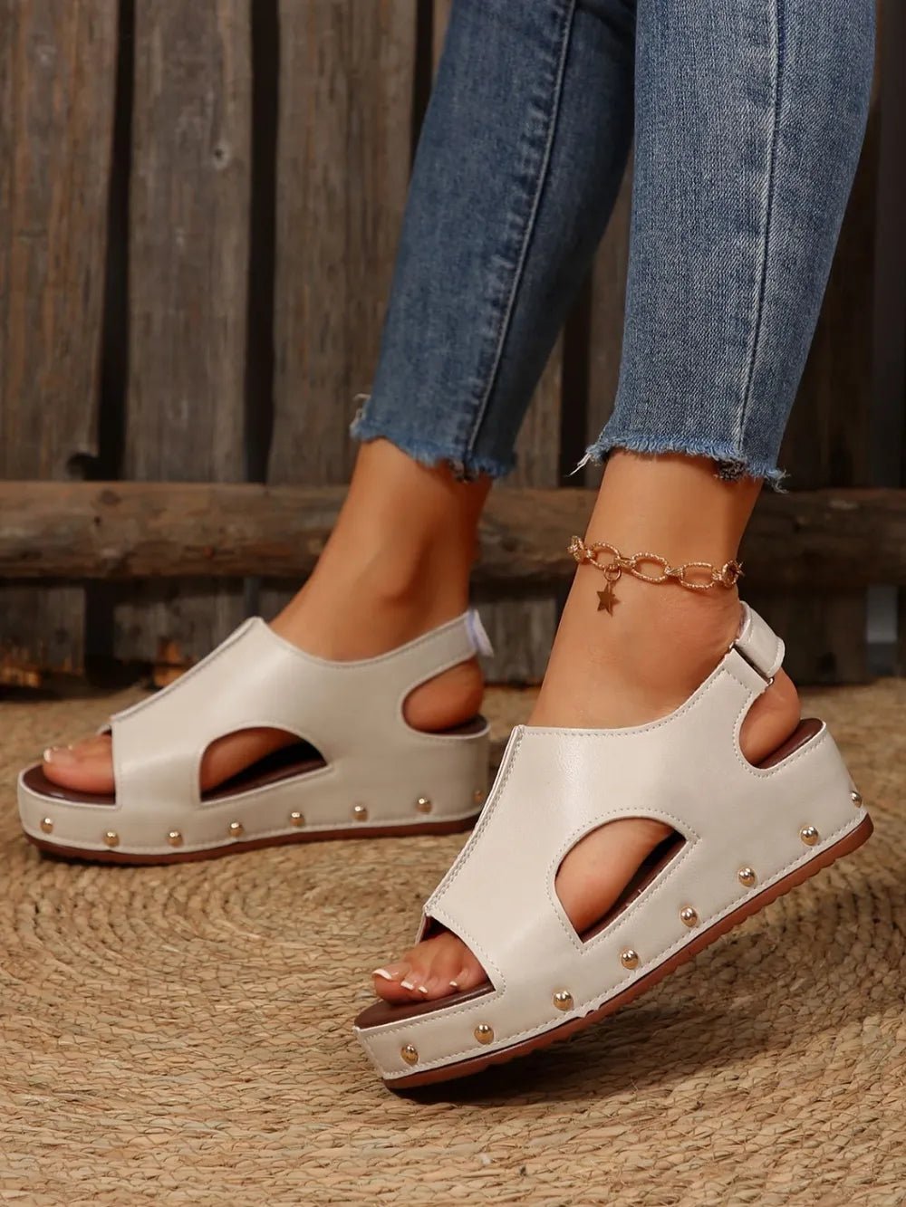 Women’s studded PU leather wedge sandals by Plush Fashion Hub, featuring casual summer style and comfortable slip-on design.