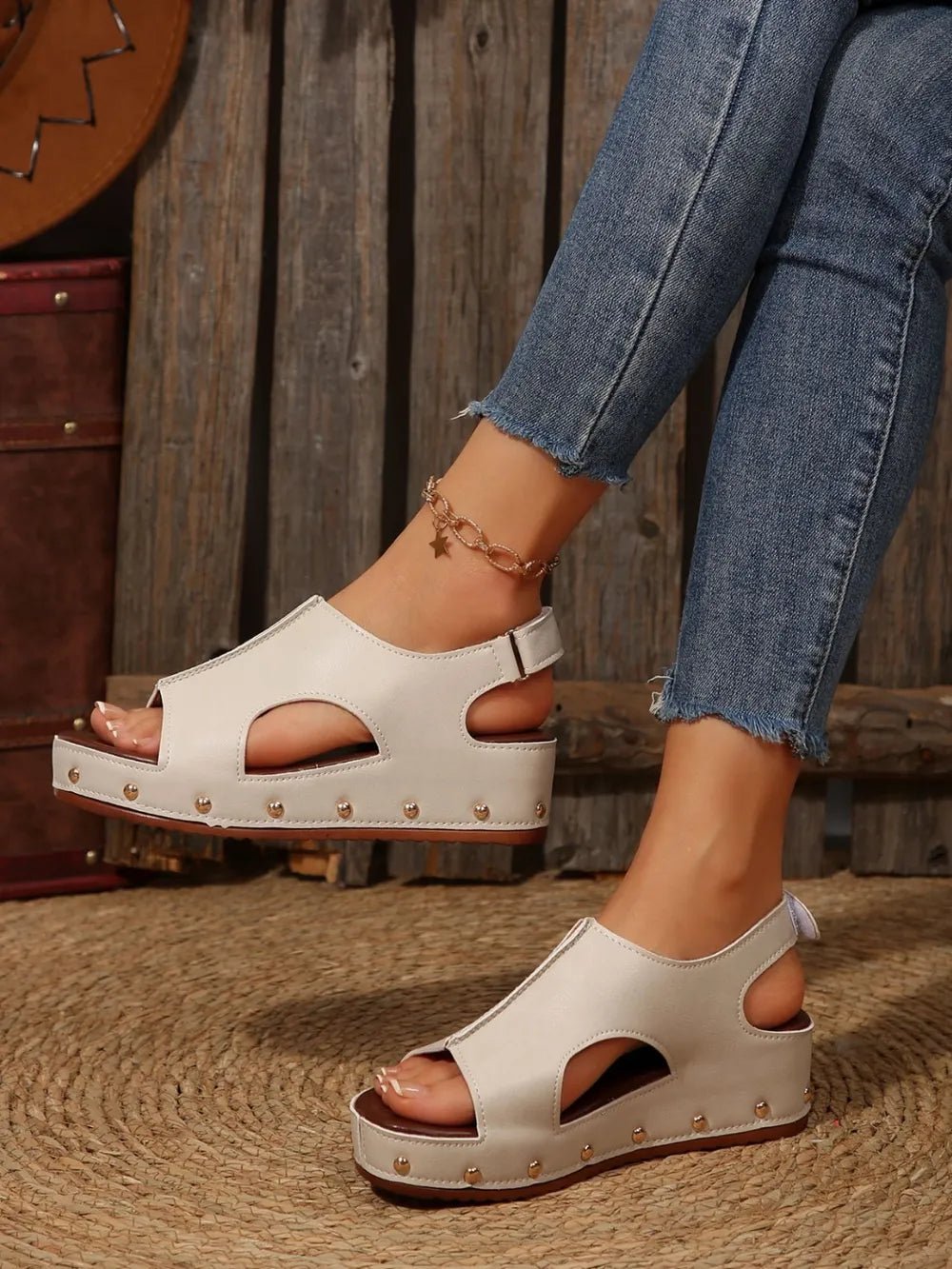 Women’s studded PU leather wedge sandals by Plush Fashion Hub, featuring casual summer design and comfortable footwear style.
