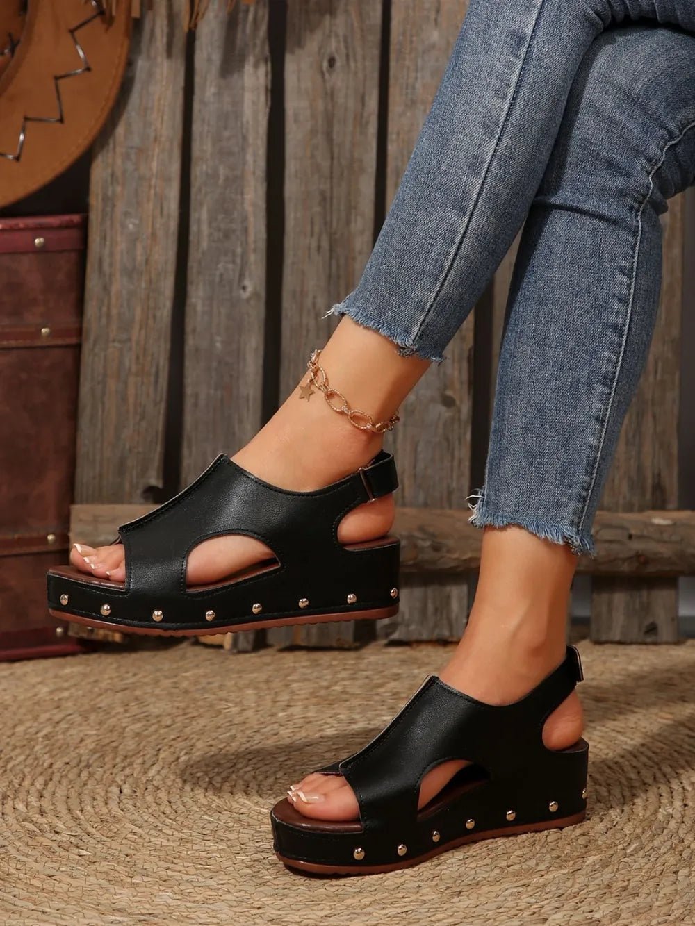 Women studded PU leather wedge sandals with comfortable casual design, featuring ankle straps and stylish summer footwear.